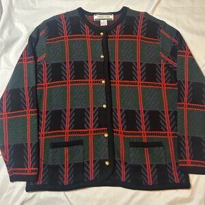 Vintage Crystal-Kobe  Sweater Women’s Cardigan Sz L Green Black Cottagecore 90s